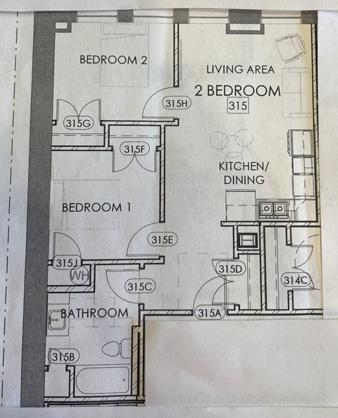 Floor plan for 2 beds, 1 bath, 942 sqft